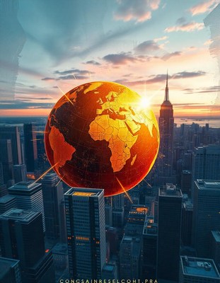 A glowing globe hovers over new york city at sunset