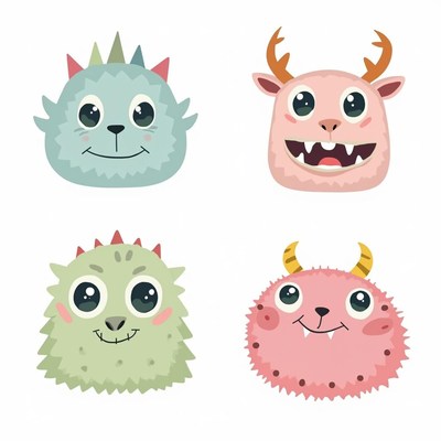 Four cute monster faces with different expressions