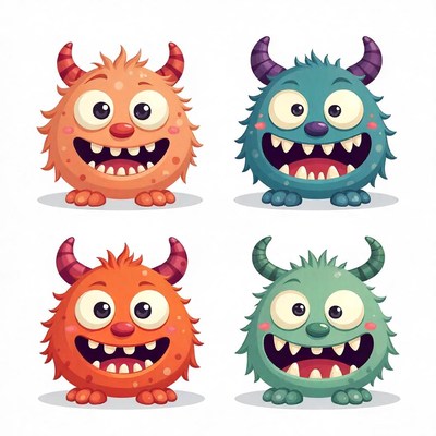 Four cartoon monsters are smiling