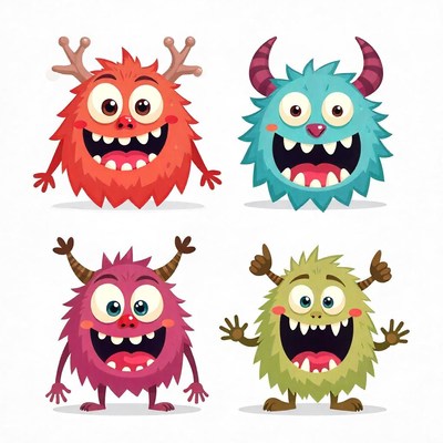 Four happy monsters smile for the camera
