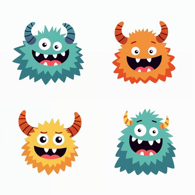 Four happy monsters with horns and big smiles
