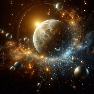 A large planet with a sun and other planets