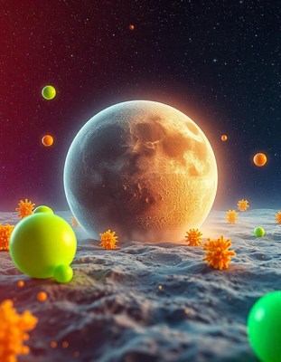 A large moon looms over a desolate landscape