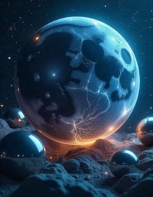 A blue planet with electric veins on rocks