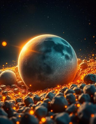 A large moon sits on a field of glowing rocks