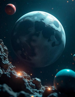 A large planet hangs in the night sky