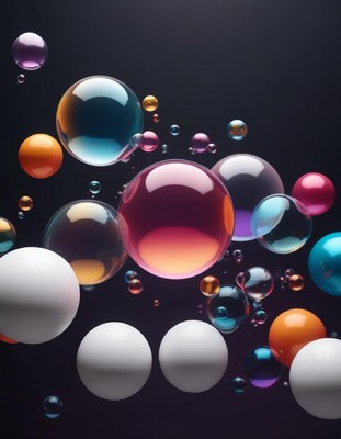 Colorful spheres float against a dark background