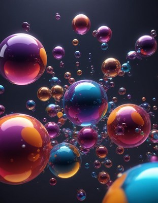 Colorful spheres float in a dark space