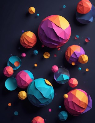 Colorful geometric shapes float in the air