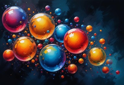 Colorful bubbles float against a dark background