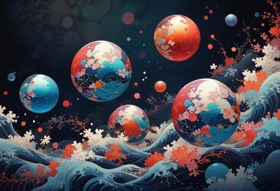 Colorful spheres float over a sea of waves