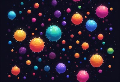 Colorful spheres float in a dark space