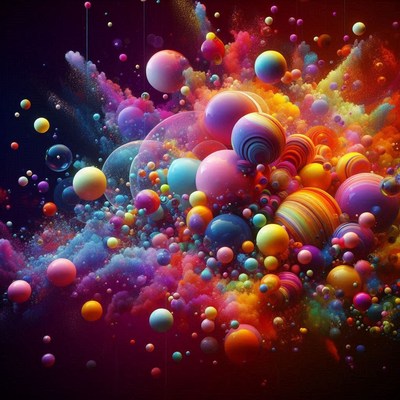 Colorful spheres float in a vibrant explosion