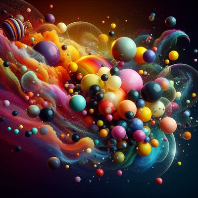 Colorful spheres float in a vibrant cloud