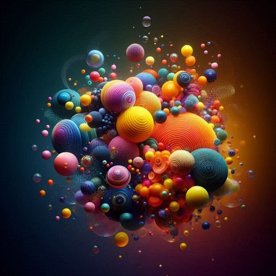 Colorful spheres float against a dark background