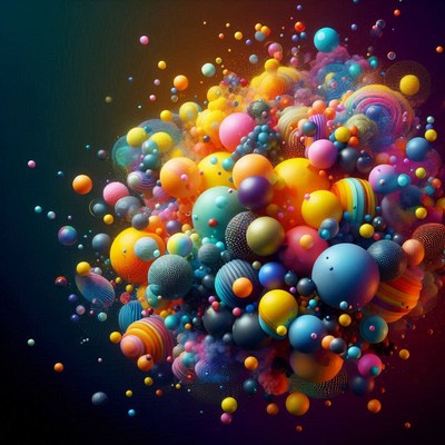 A colorful cluster of spheres floats in mid-air
