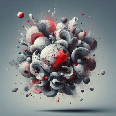 Gray and red orbs explode on a gray backdrop