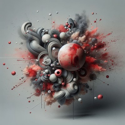 Vibrant abstract art with a red orb and swirls