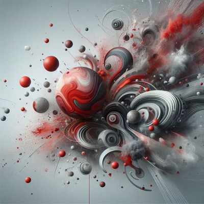 Red and gray abstract art with swirling shapes