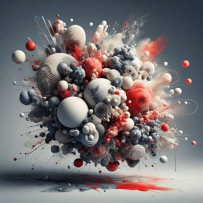 A 3d rendering of abstract shapes exploding in mid-air