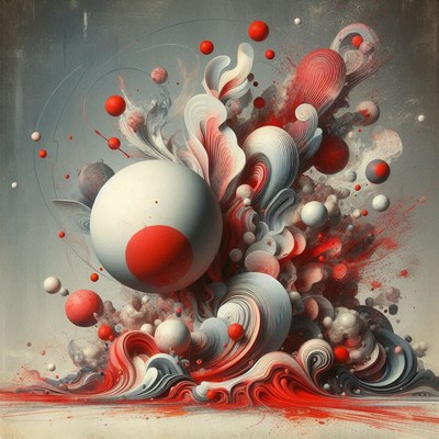 Red and white spheres and swirls form a dynamic art