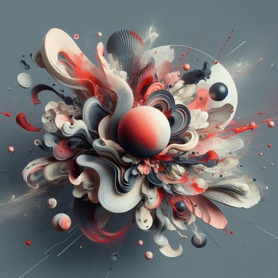 Abstract red, white, and grey swirling shapes art