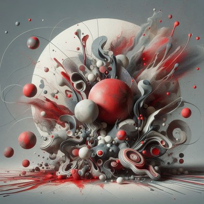 Abstract art with red and grey spheres and swirls