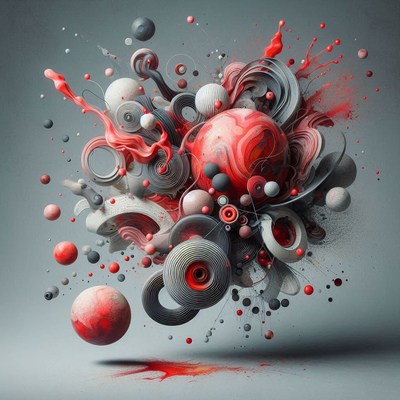 Red and gray spheres float in the air