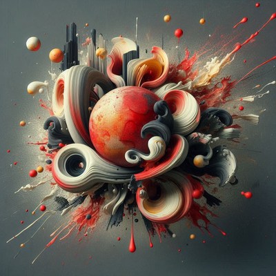 Colorful sphere amid swirling abstract shapes