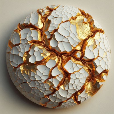 A white and gold sphere with a cracked surface