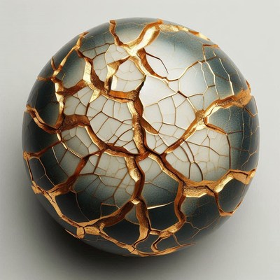 A cracked ceramic sphere with gold accents