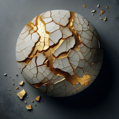 Cracked white sphere with gold on grey
