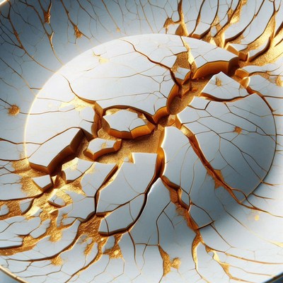 A cracked plate with gold accents sits on a table