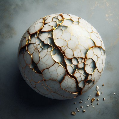 Cracked white sphere with gold edges on gray surface