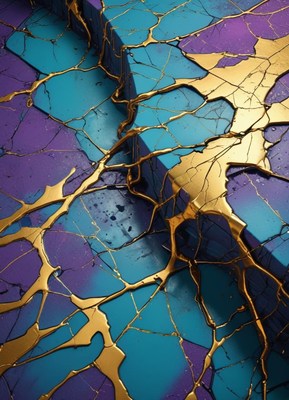 Golden cracks in blue and purple paint
