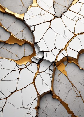 Cracked white and gold surface with abstract patterns