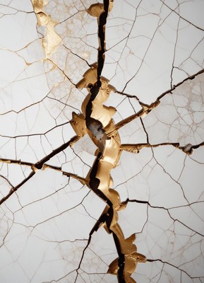 A crack in a white surface is filled with gold paint