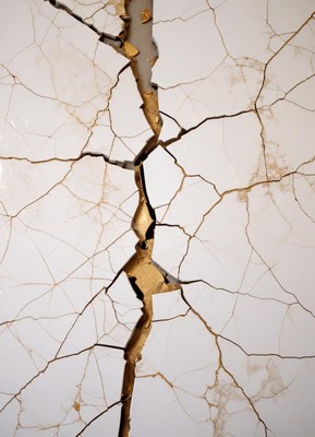 A large crack runs through a white wall