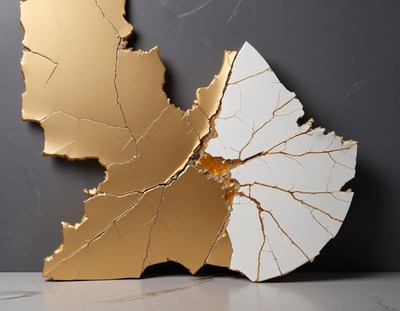 A gold and white abstract wall sculpture with cracks