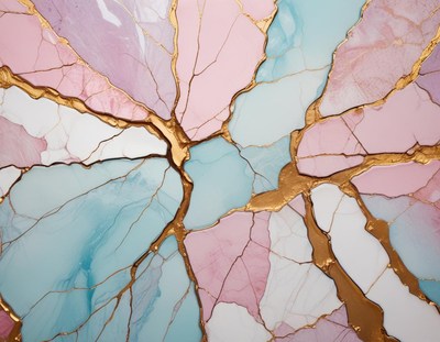 Abstract art with gold veins on a pink and blue background