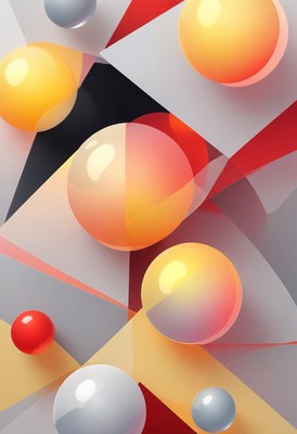 Colorful spheres rest on a geometric background