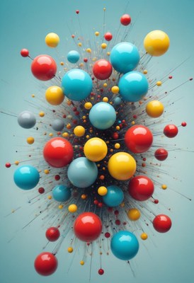 Colorful spheres explode against a blue background