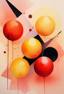 Red and yellow spheres in dripping paint art