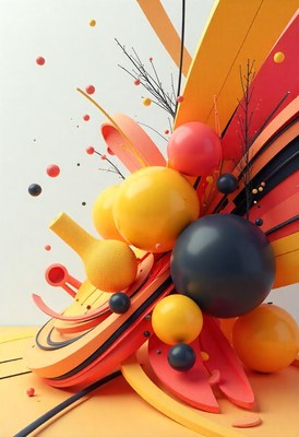 Colorful spheres and shapes create a vibrant abstract design