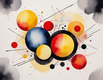 Watercolor painting of colorful circles and lines