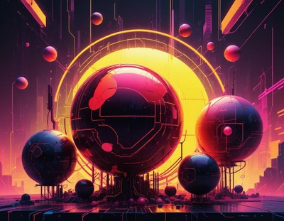 Futuristic spheres sit in a glowing, neon landscape