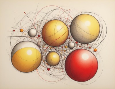A drawing of colorful spheres connected by lines
