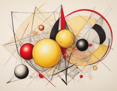 Abstract art with yellow, red, and black spheres