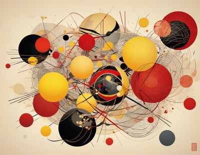 An abstract painting with red, yellow, and black circles