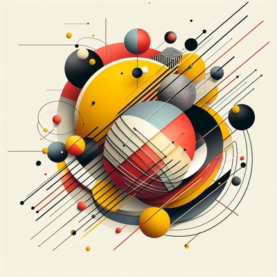 Abstract geometric shapes in red, yellow, and black